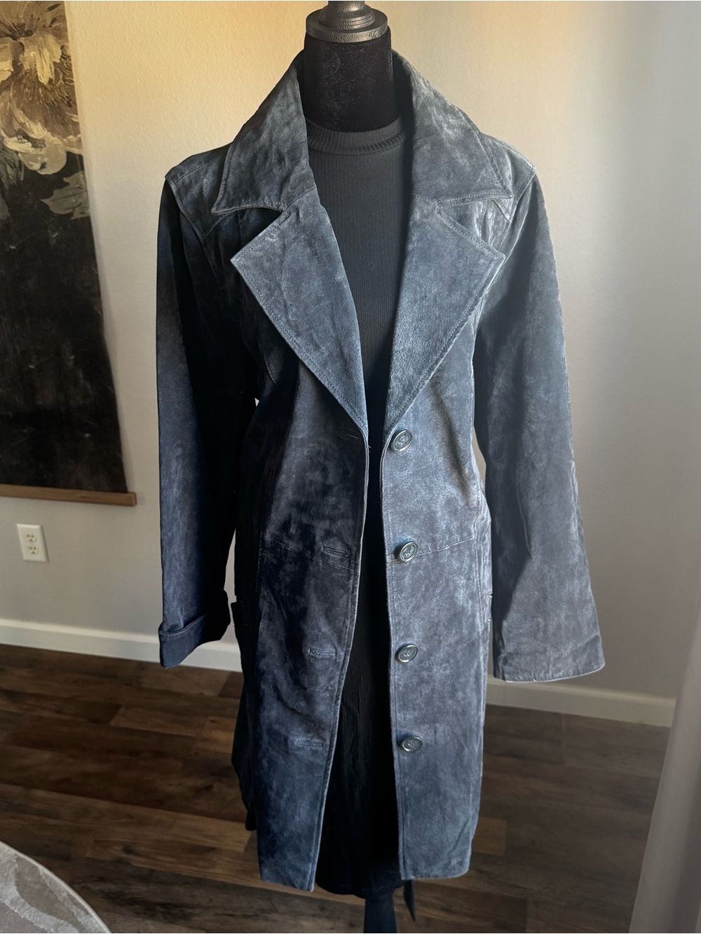 dennis basso Slate Blue Suede Long Trench Coat